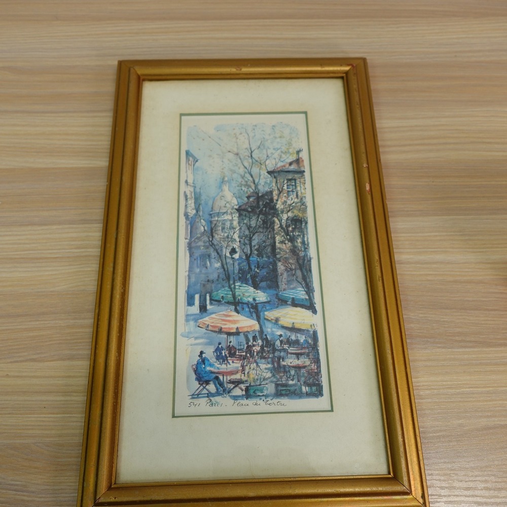 VINTAGE Lucien Delarue Paris Place du Tertre Lithograph Print Framed Artwork 9x4